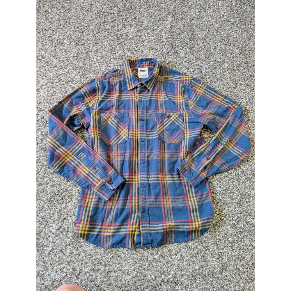 Levi's 2-Pocket Flannel Shirt Button Up Long Sleeve Medium Blue Yellow Red